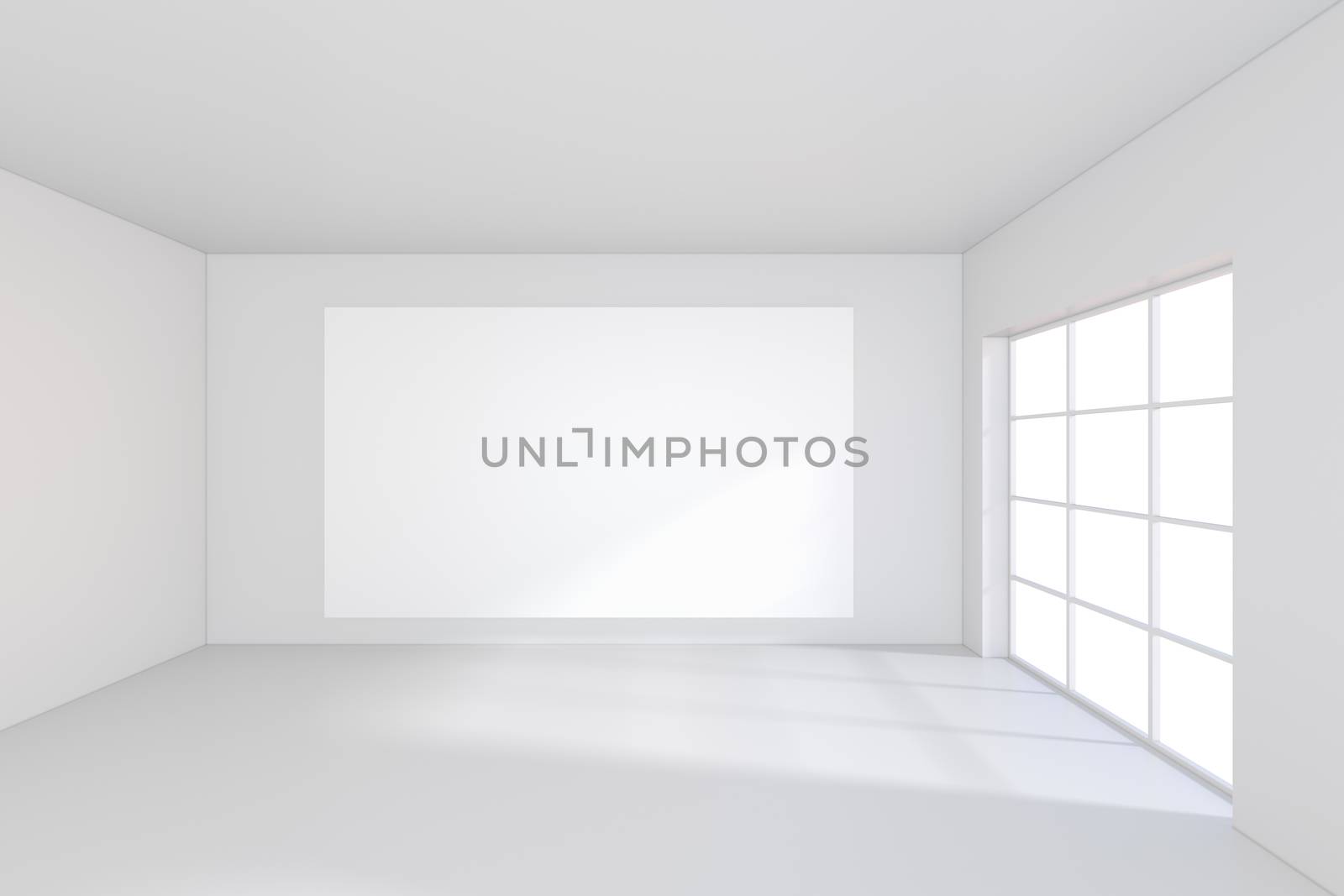 White billboard standing near a window in a white room. 3D rendering.