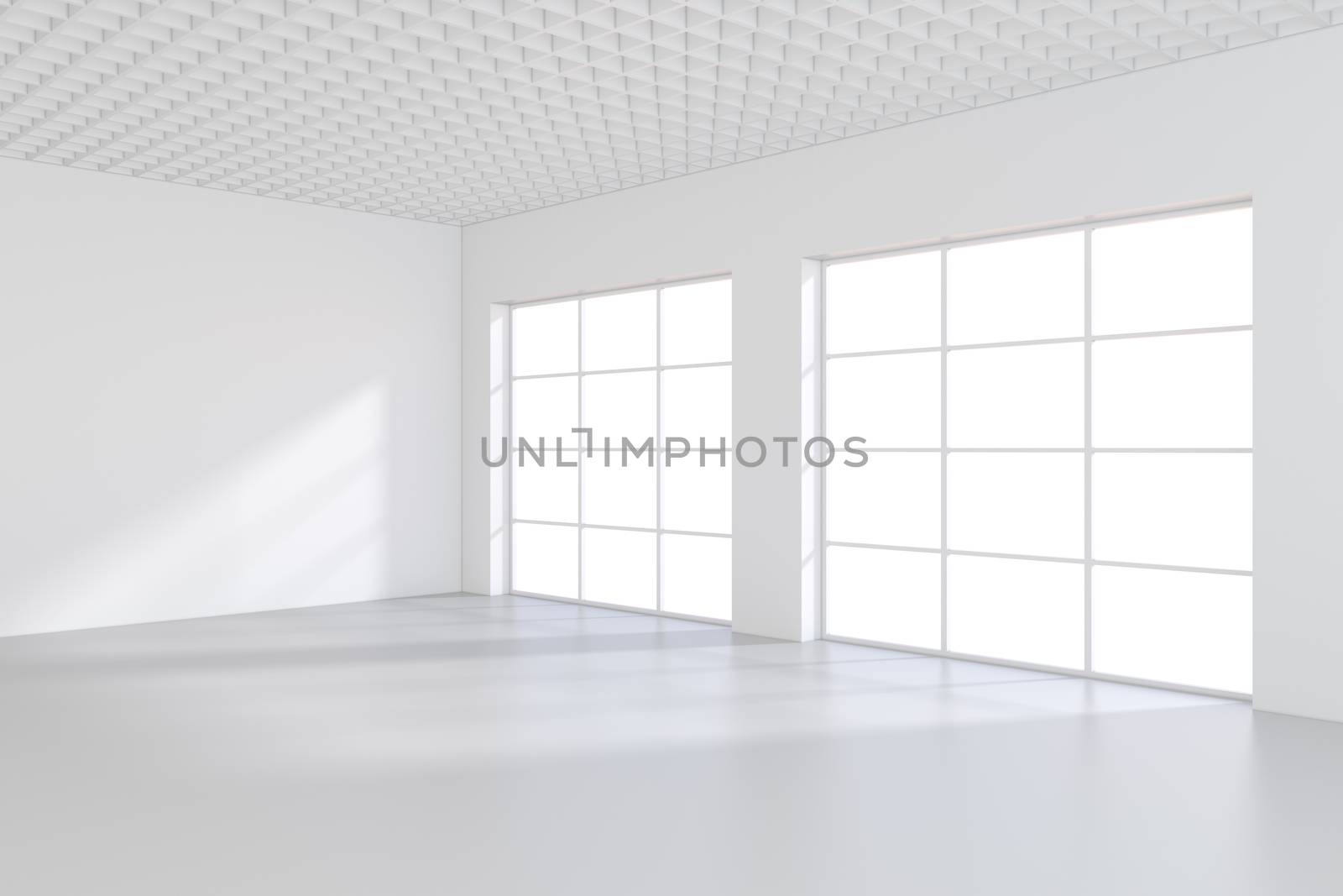 Large office with windows and falling light from the window to the floor. 3D rendering.