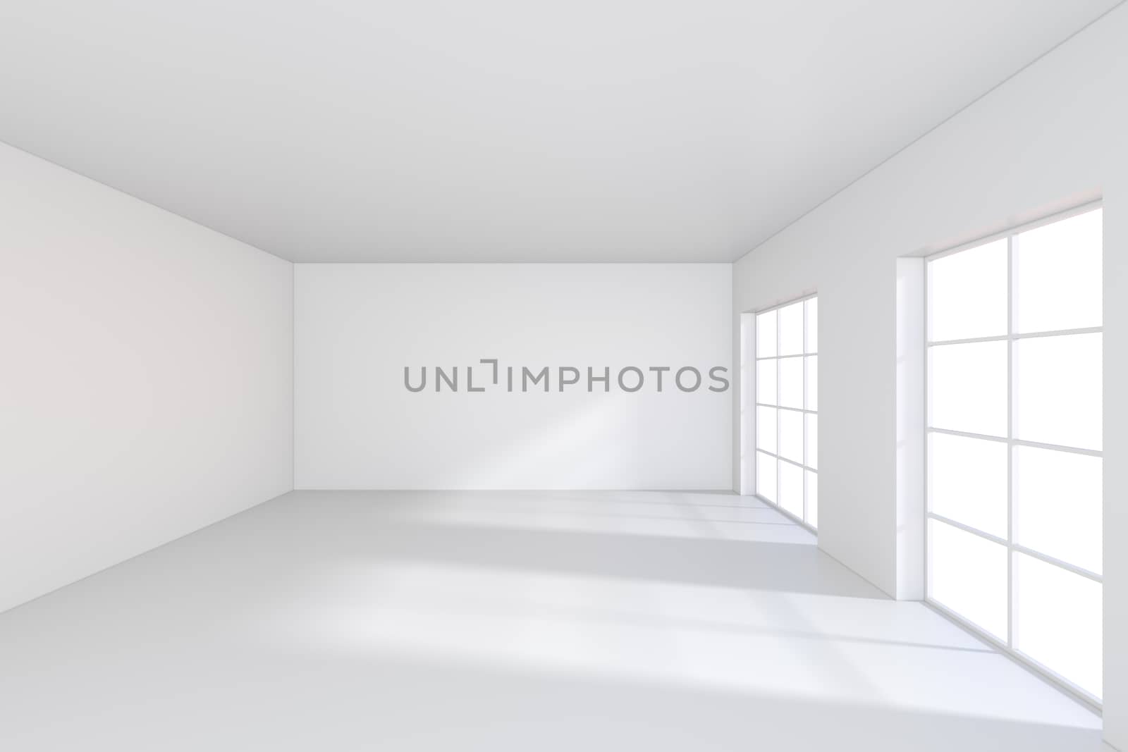 Empty white room with large stained-glass windows. 3D rendering by Mirexon
