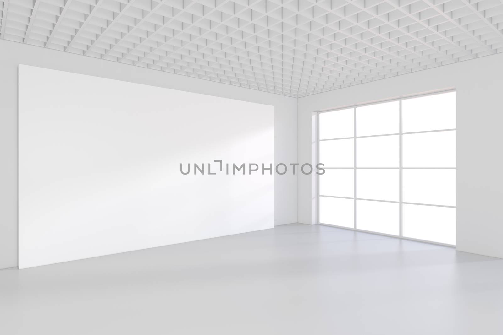 White billboard in an empty office with large windows and beautiful diffused light from the window. 3D rendering.