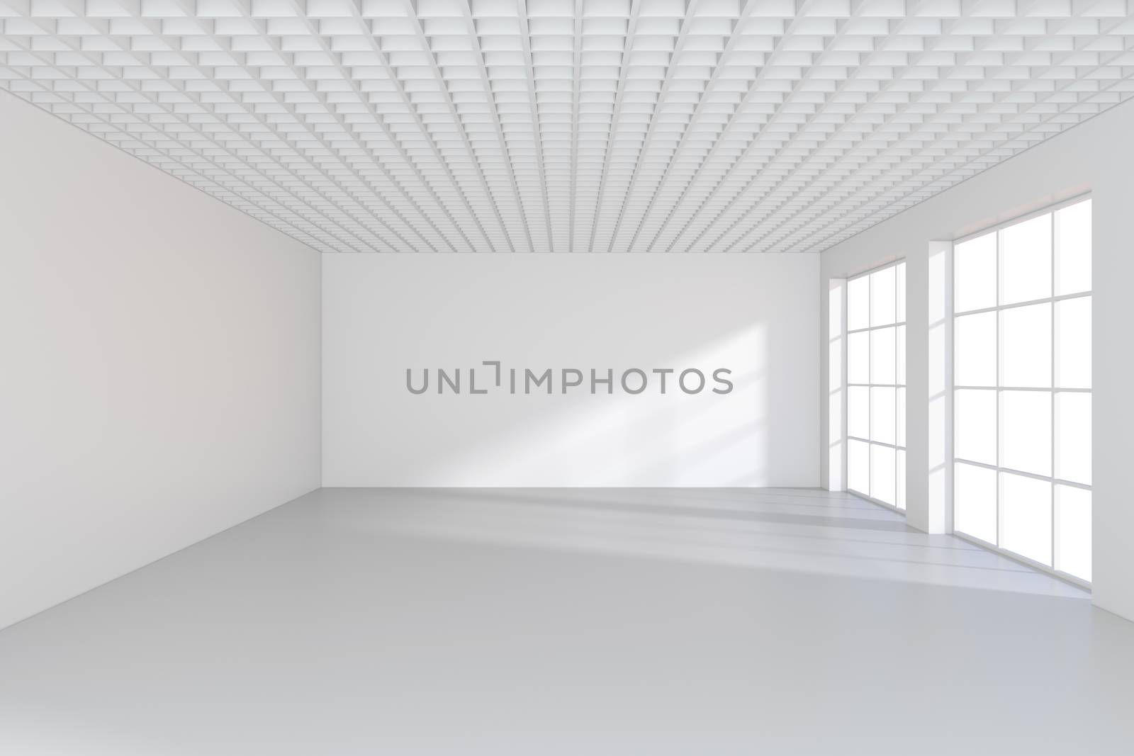 large office with windows and falling light from the window to the floor. 3D rendering.