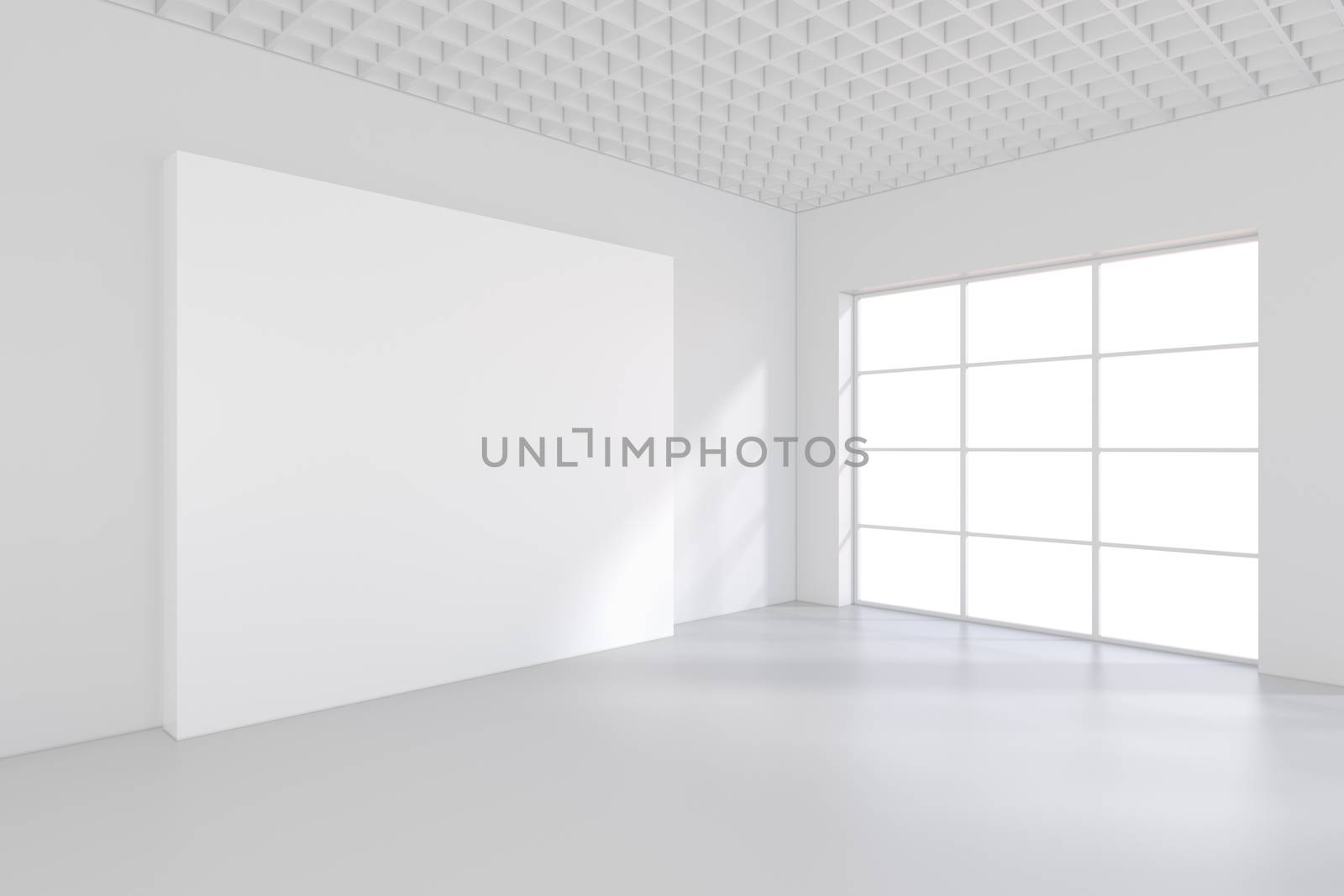 Empty white billboard in a big bright room. 3D rendering by Mirexon