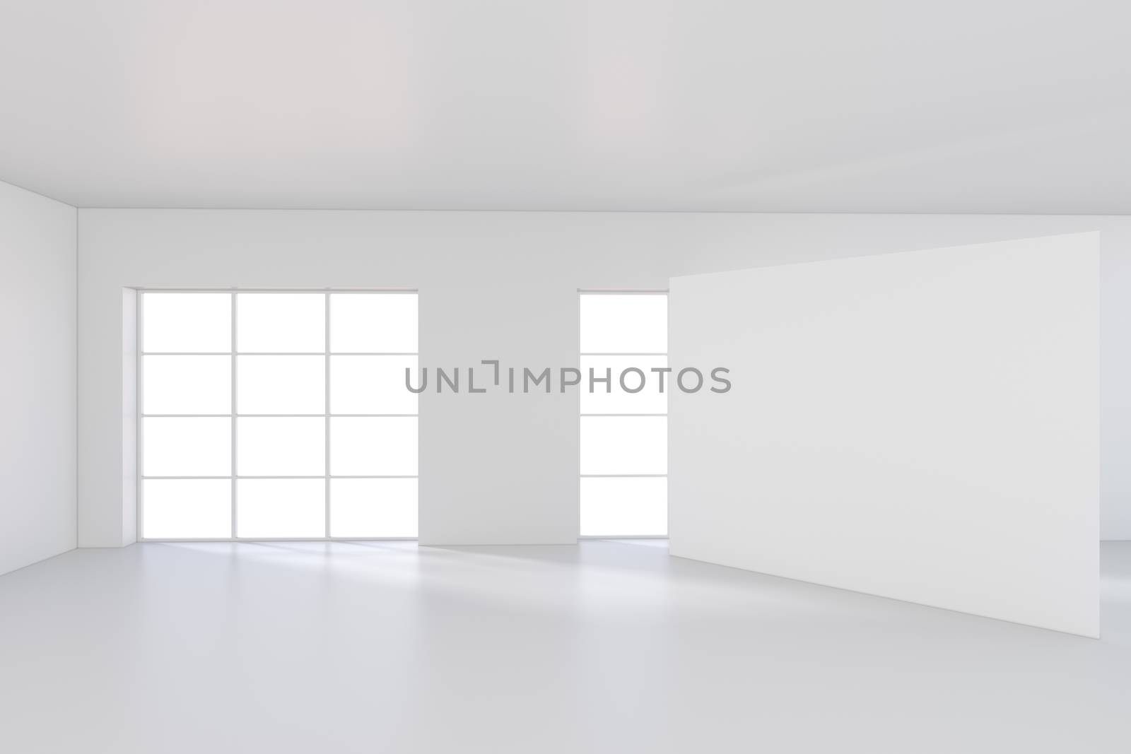 White billboard standing near a window in a white room. 3D rendering.