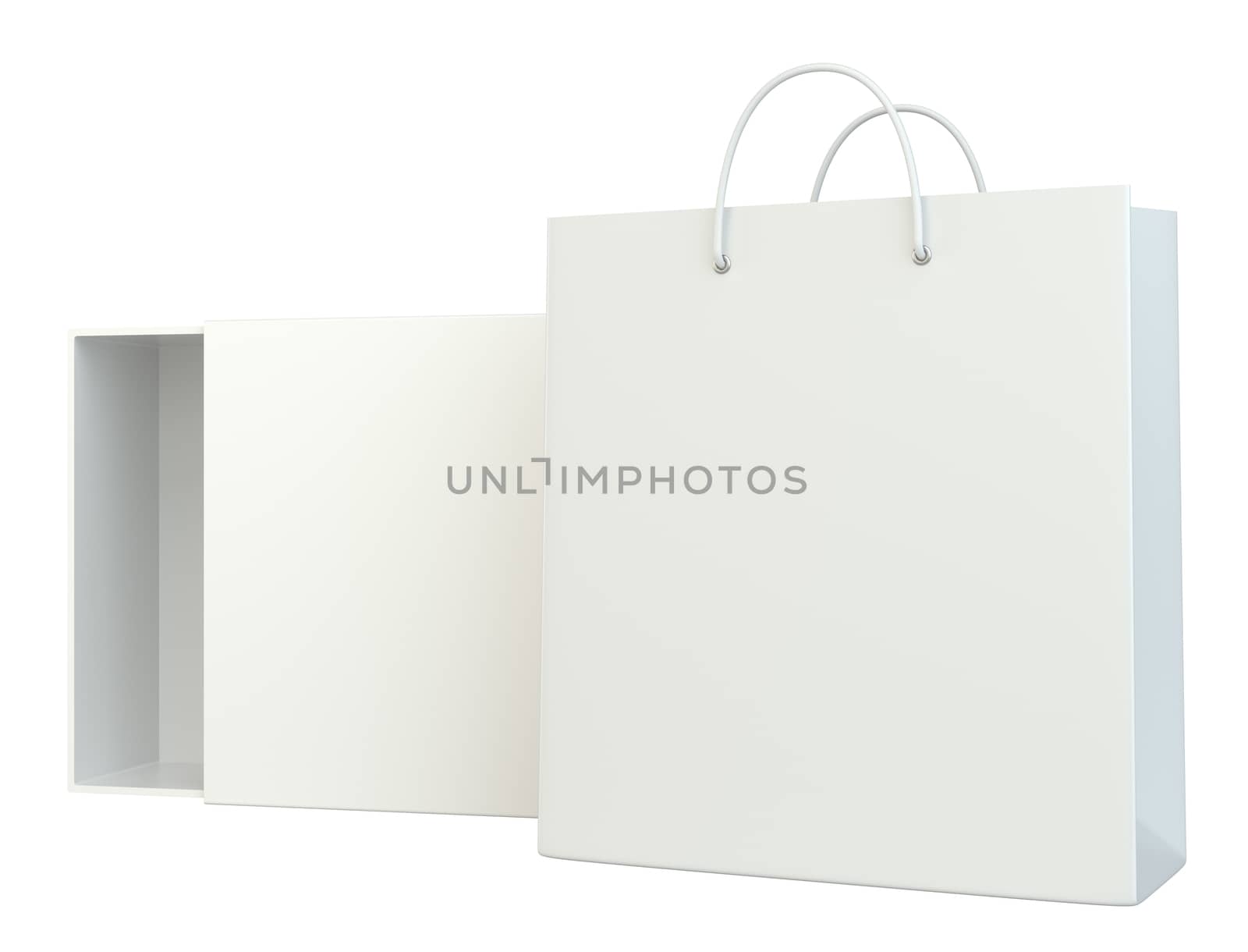 Blank box open and shopping bag on white background. 3d rendering.