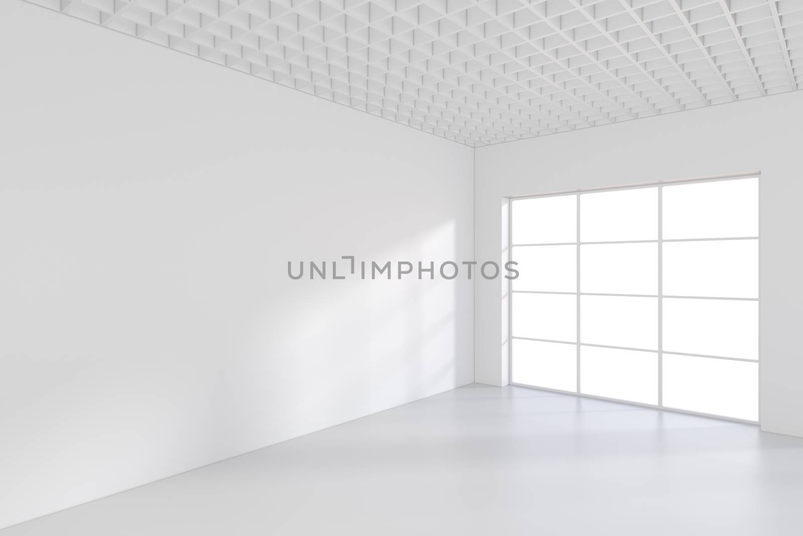 large office with windows and falling light from the window to the floor. 3D rendering.