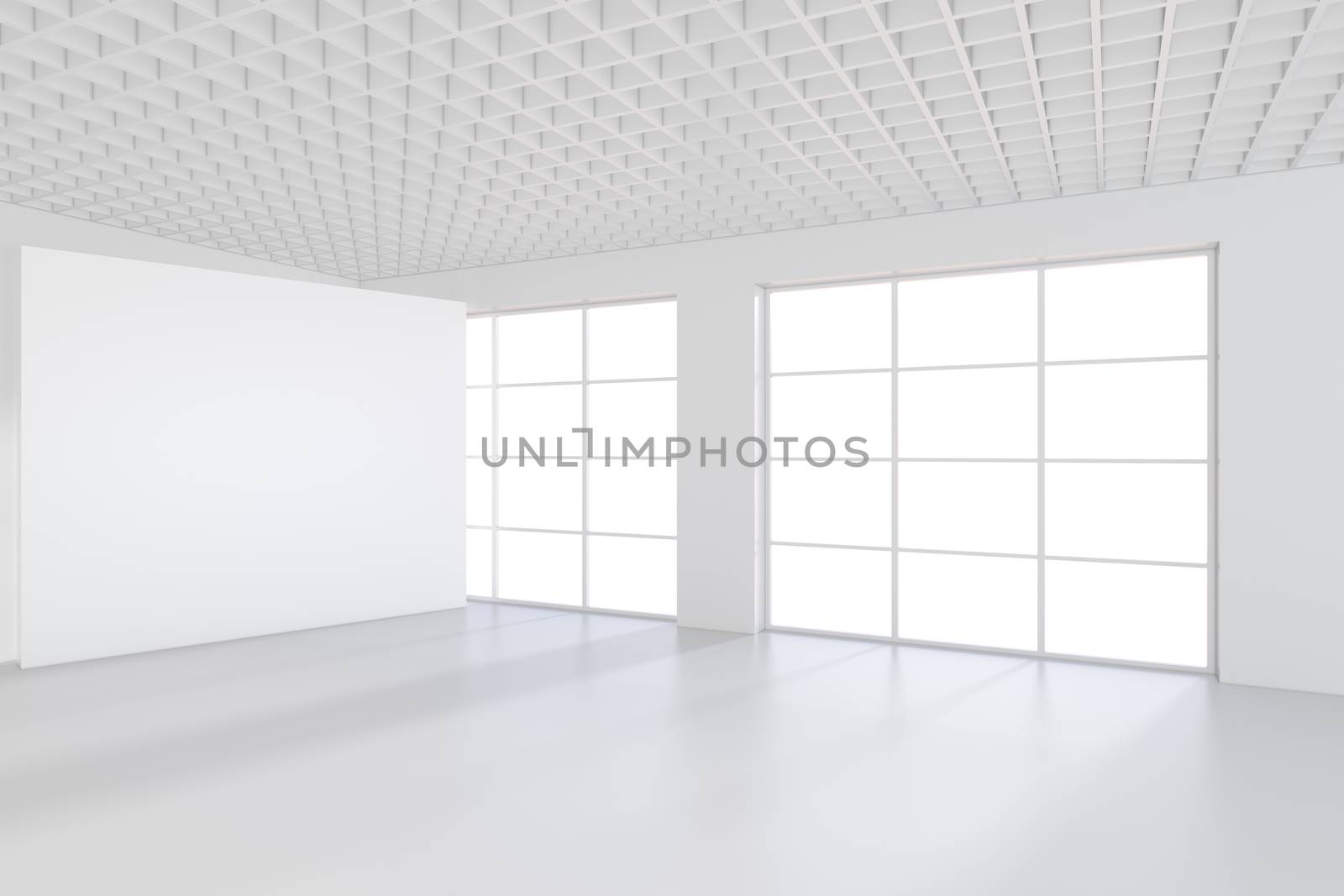 White billboard standing near a window in a white room. 3D rendering by Mirexon