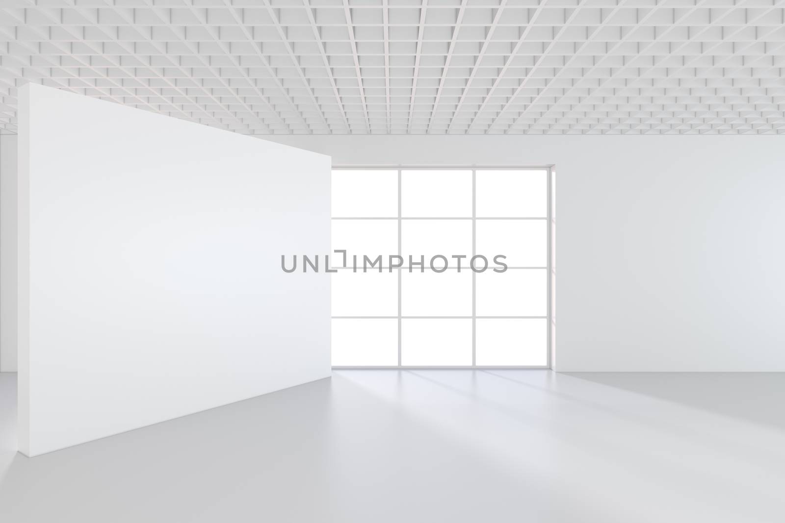 White billboard standing near a window in a white room. 3D rendering.