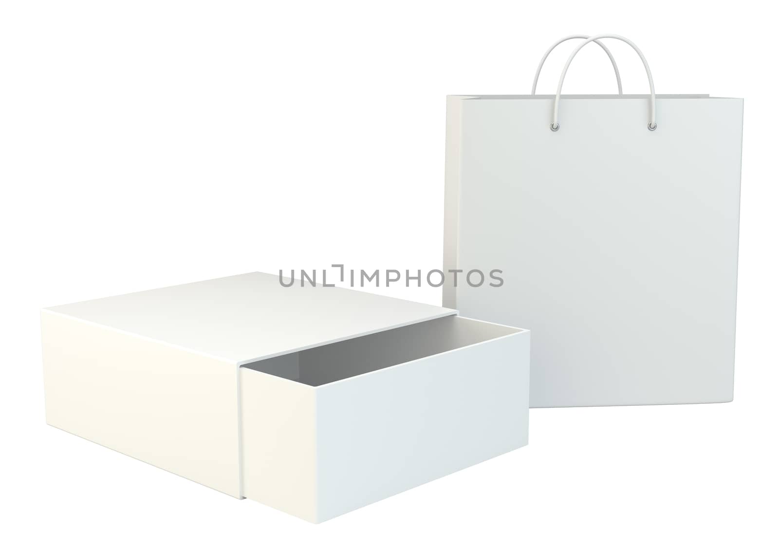 Blank box and shopping bag on a gray floor. 3d rendering by Mirexon