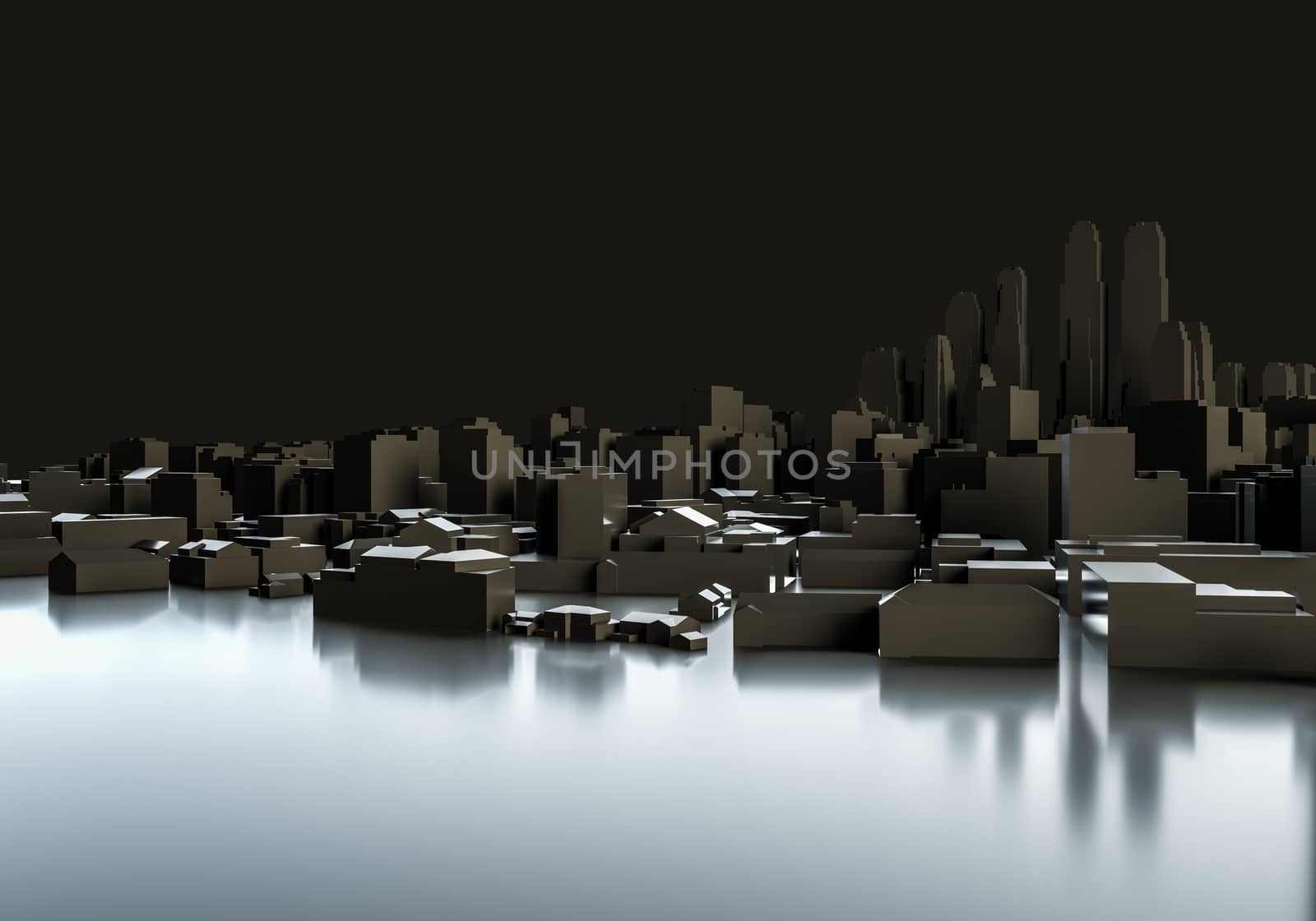 Black city on mirror floor. 3d illustration