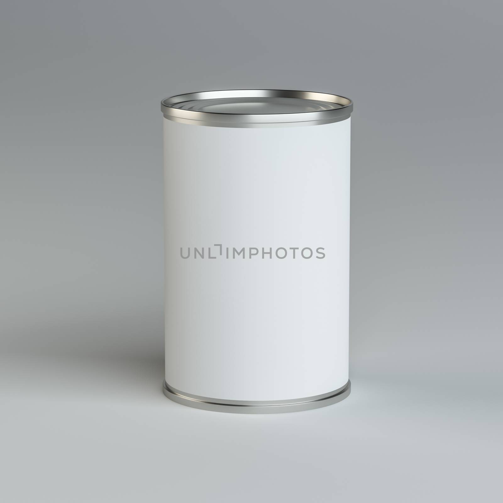 Close-up white tin can. 3d illustration. Mockup template