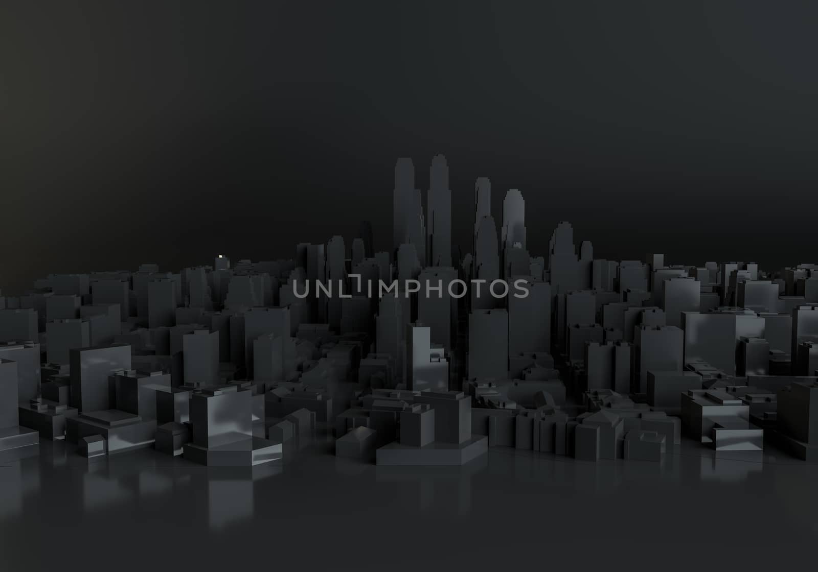 Black city on mirror floor. 3d illustration