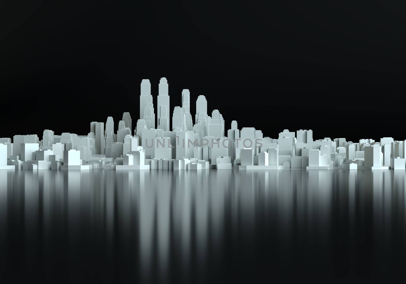 Abstract schematic 3d cityscape on black background. 3D Illustration. Empty copy space area