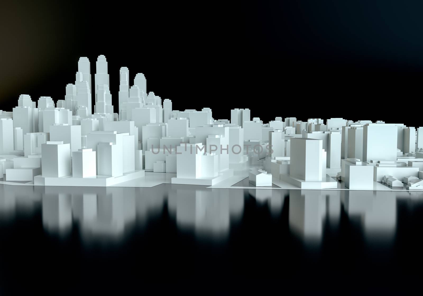 White city on black mirror floor. 3d Rendering