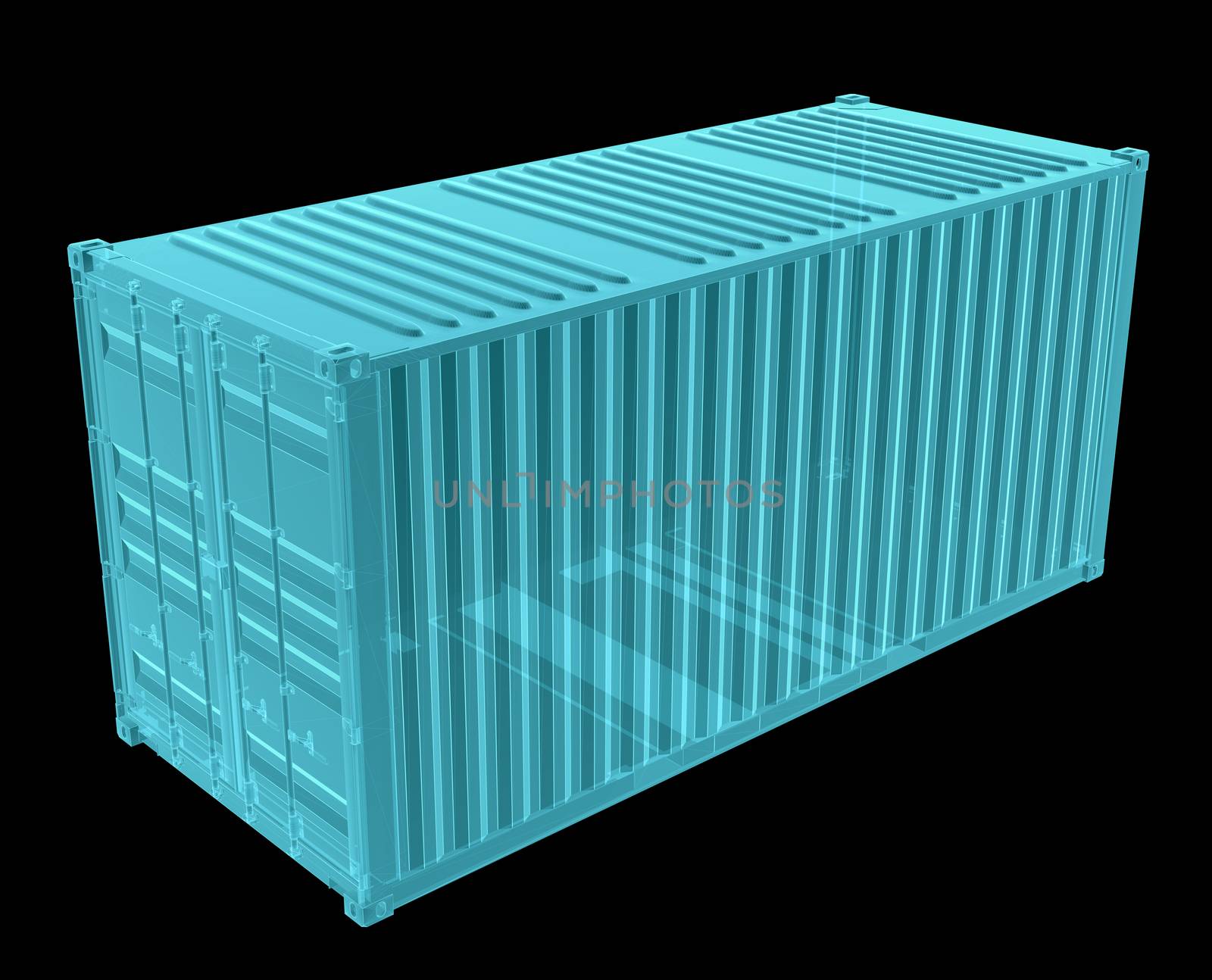 X-Ray Image Of Shipping container. Isolated on black. 3D Illustration