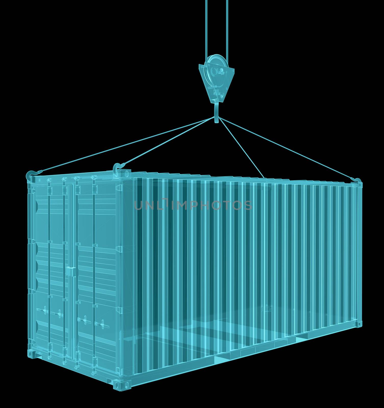 'Shipping container with hook. Isolated on black. 3D Illustration