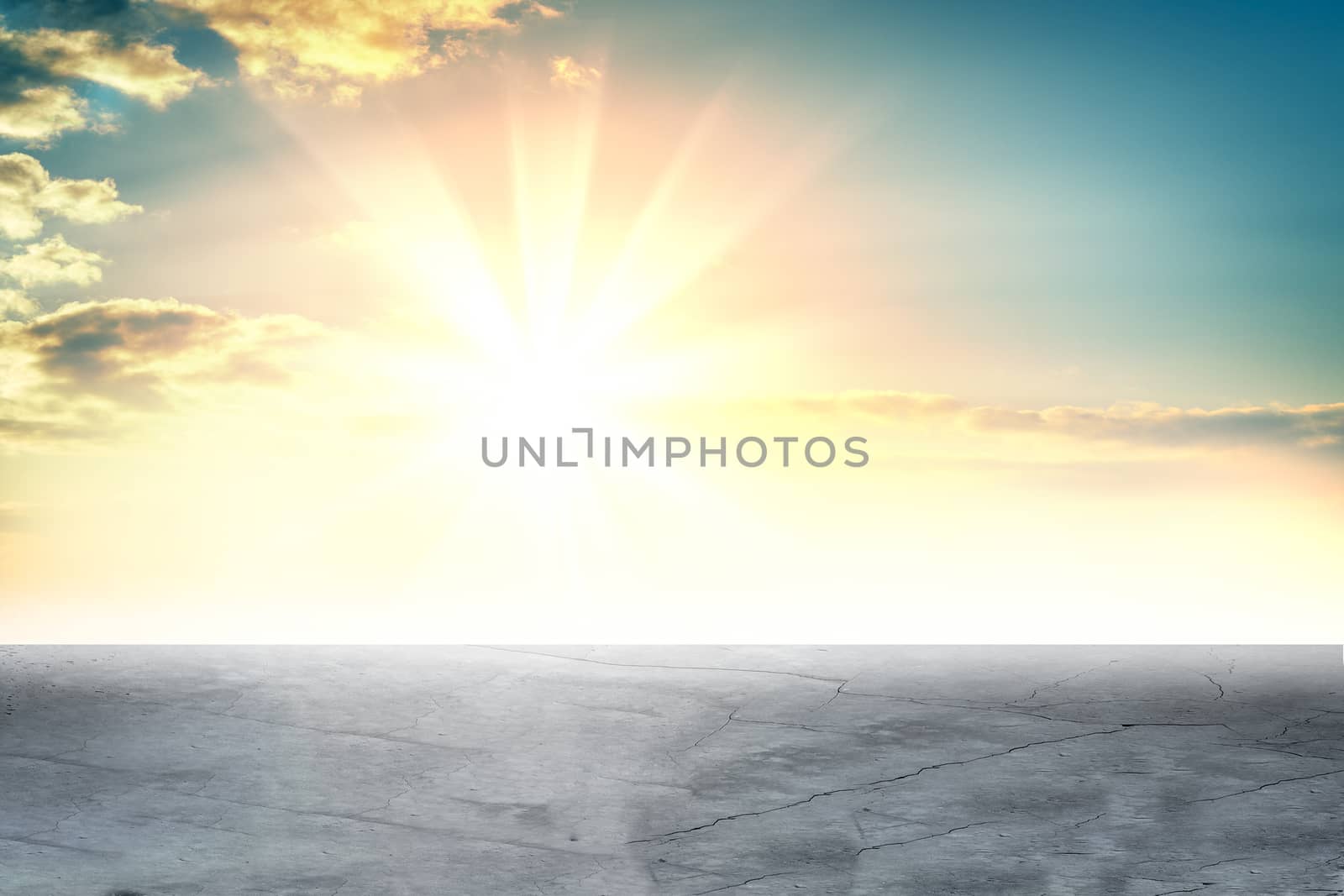 Concrete plane against the background of sunrise or sunset. Background for your design. Empty space for content. 3d illustration