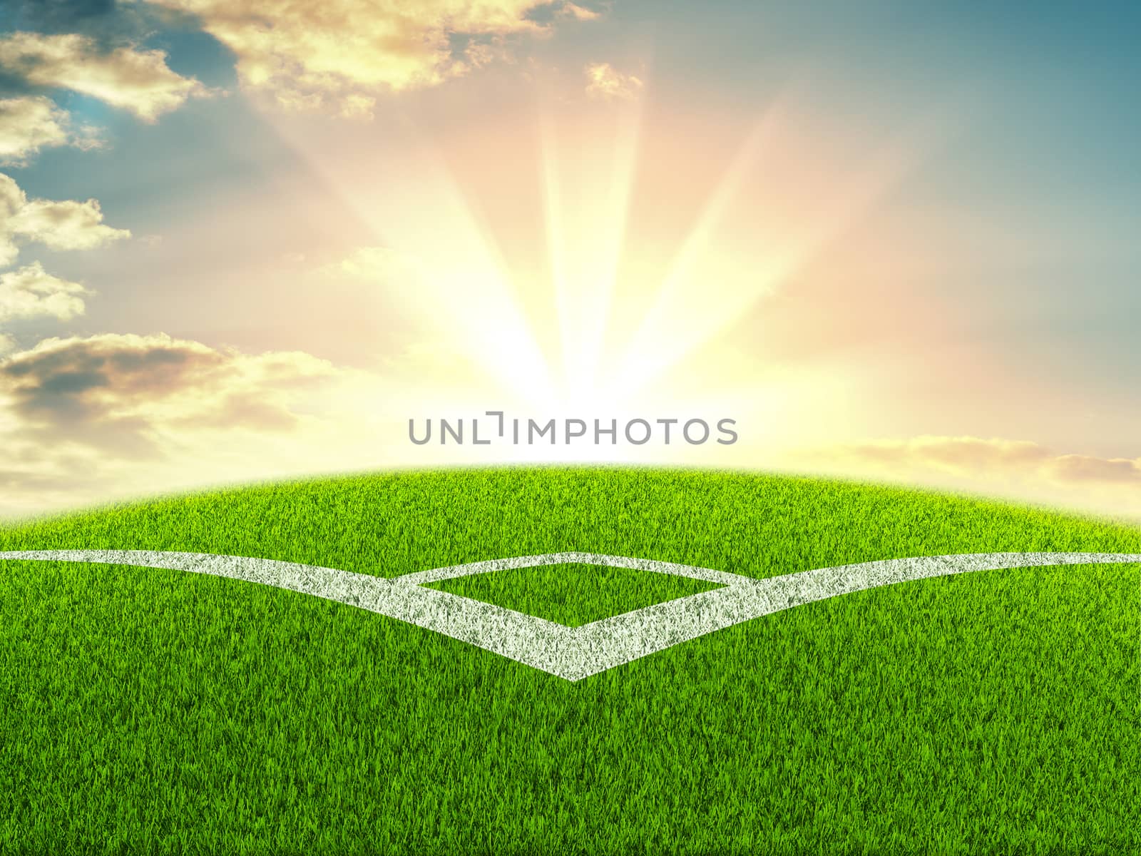 Football field on the background of sunrise or sunset. Marking the corner in the middle of the frame. 3d illustration