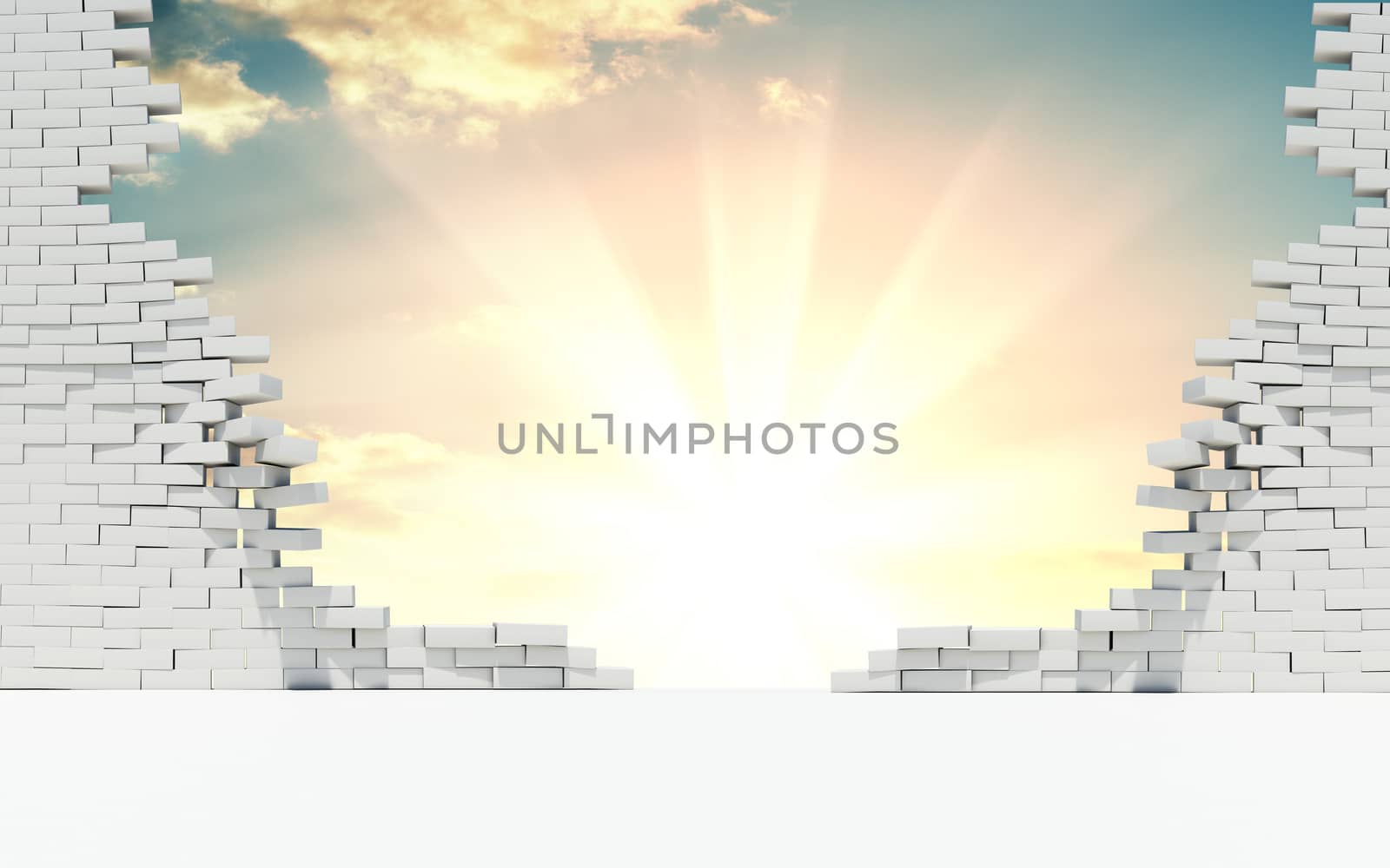 Broken wall of white bricks. Behind the wall is a beautiful sunrise or sunset. The concept of success. 3d illustration