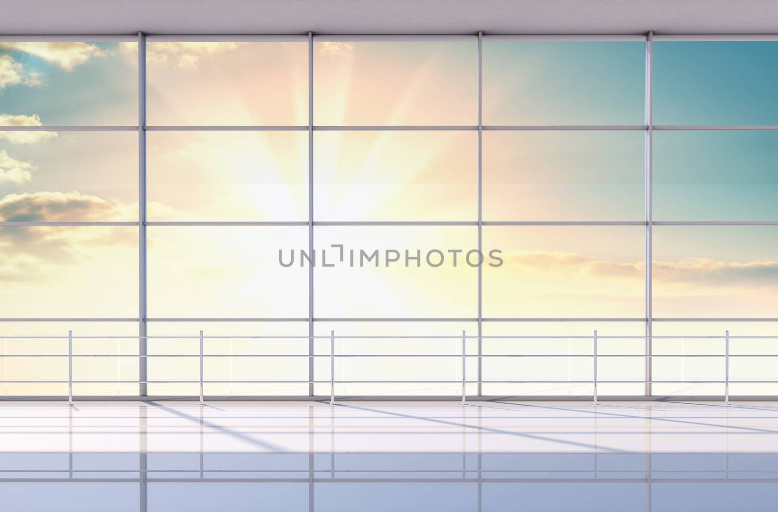 Minimalist interior of the airport. Beautiful sunrise or sunset outside the windows. 3d illustration