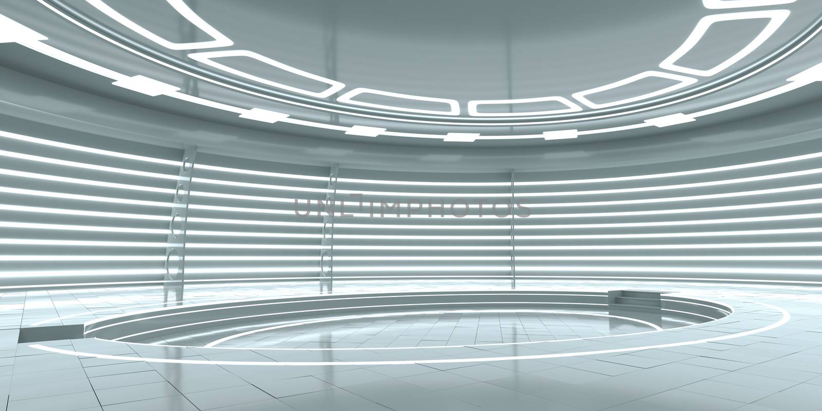 Empty futuristic interior with glossy walls and floor. 3d illustration