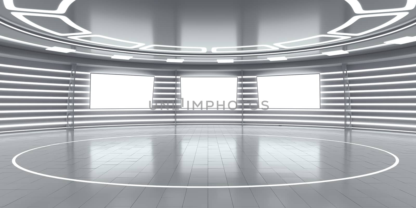 Abstract futuristic interior with glowing panels. 3D Rendering