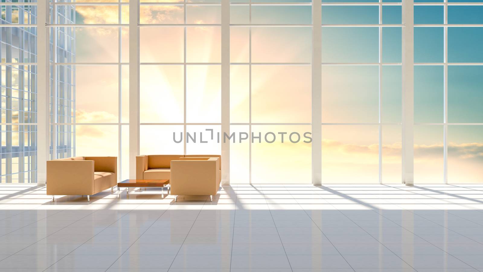Minimal business interior of a skyscraper floor. Beautiful sunrise or sunset outside the windows. In the room there are sofas and a table. 3d illustration
