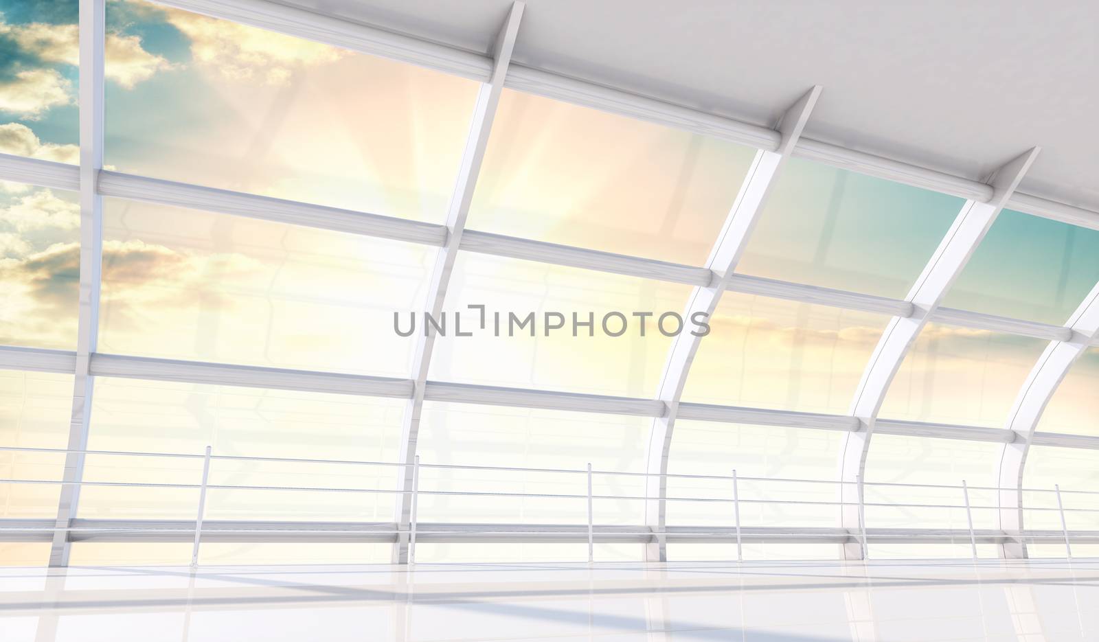 Minimalist interior of the airport. Beautiful sunrise or sunset outside the windows. 3d illustration