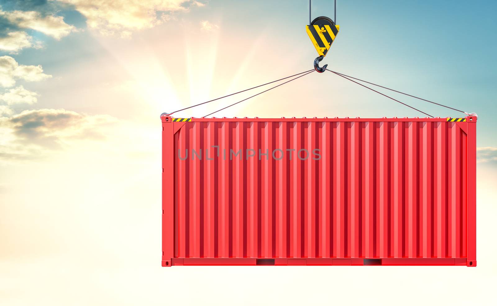 Crane hook and cargo container on sky background by cherezoff