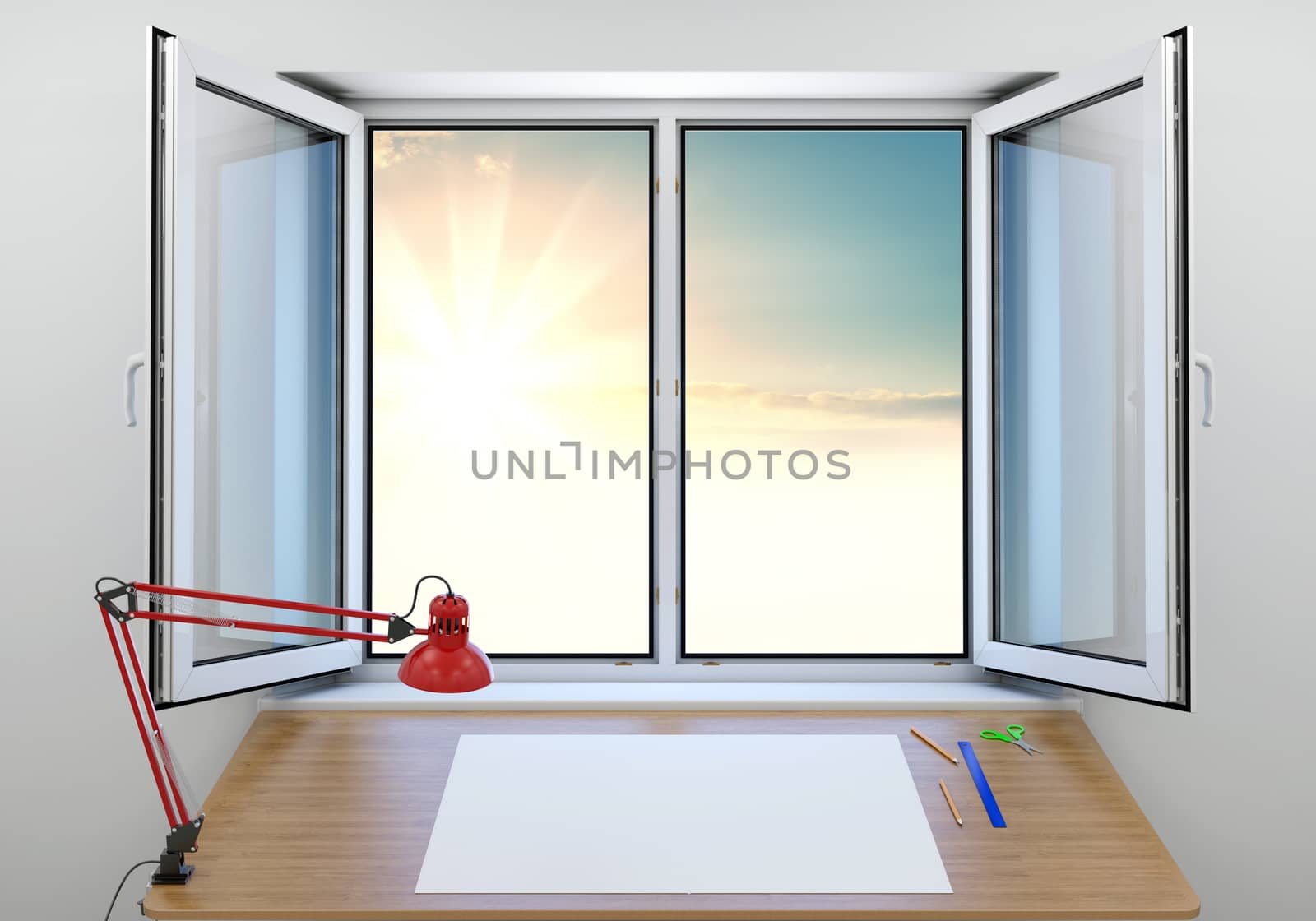 An open window overlooking a beautiful sunrise by cherezoff