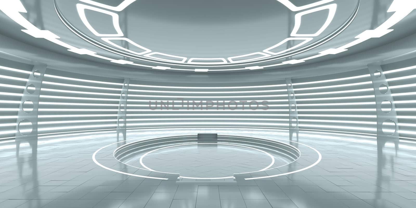 Futuristic interior with empty glowing podium for your content. 3d rendering