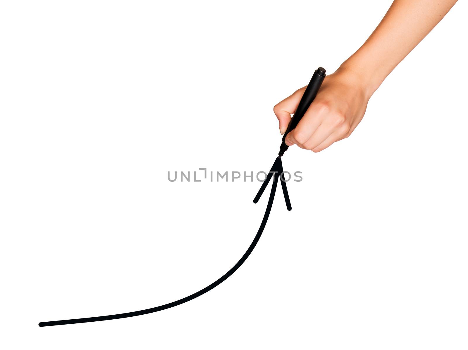 A female hand holds black marker and draws an arrow up. Isolated on white background