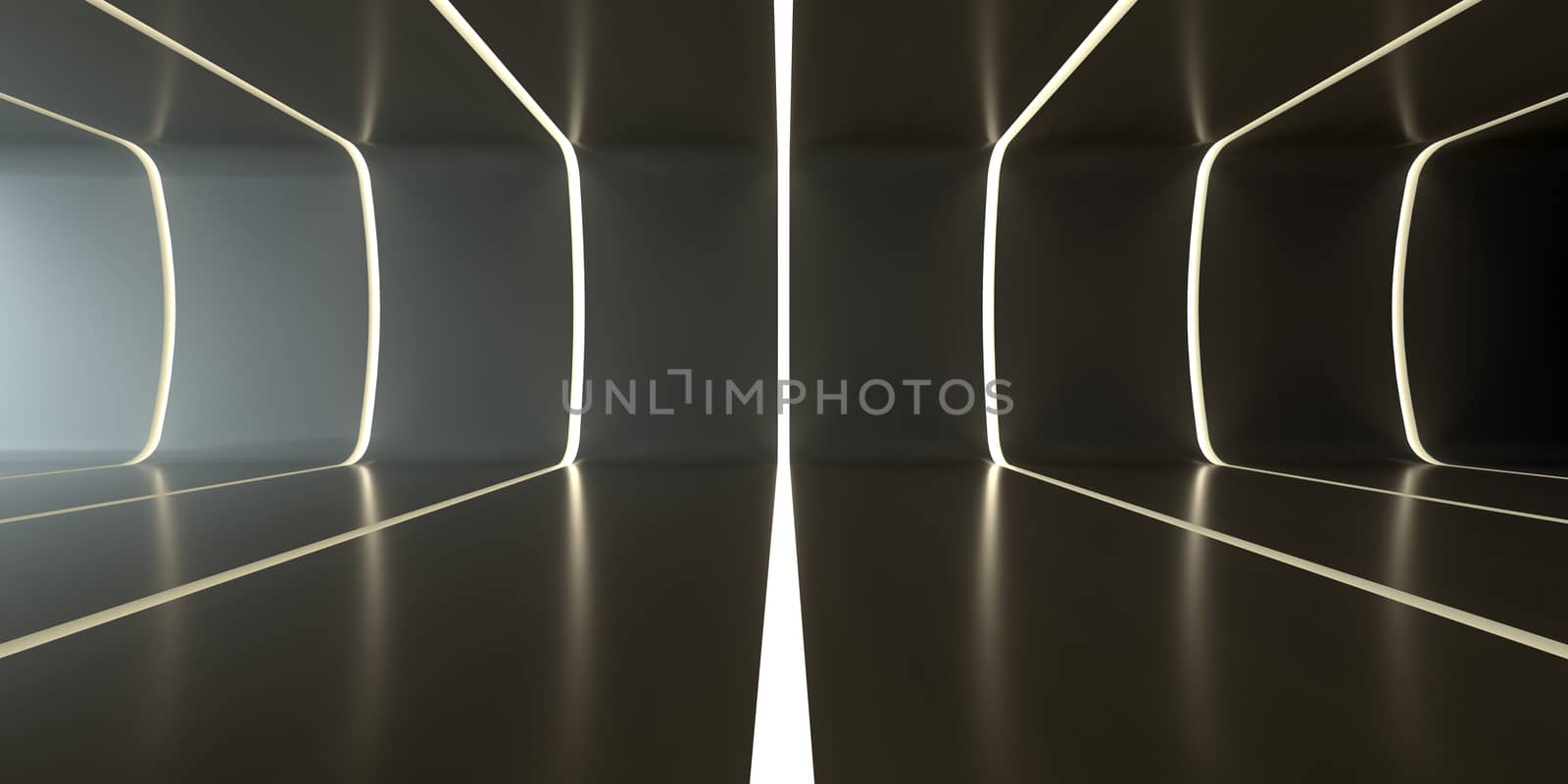 Dark abstract futuristic tunnel. Light strips divide the room. 3d rendering. Empty room