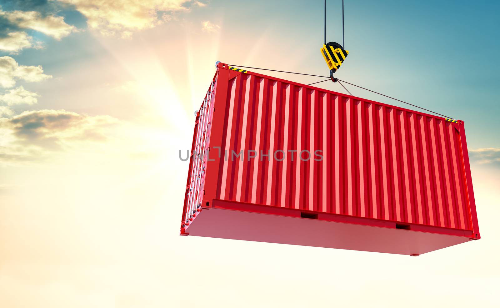 Crane hook and cargo container on sky background by cherezoff