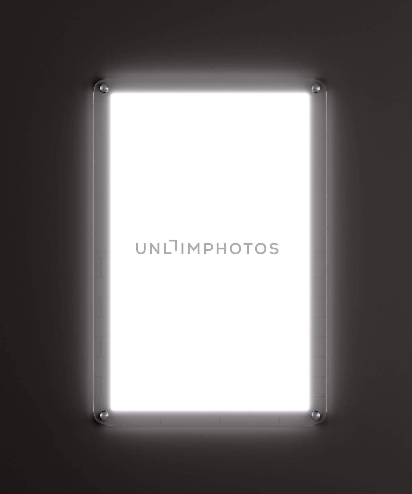 Rectangular advertising lightbox. Empty white screen. Dark gray background. 3d illustration. Template for your design