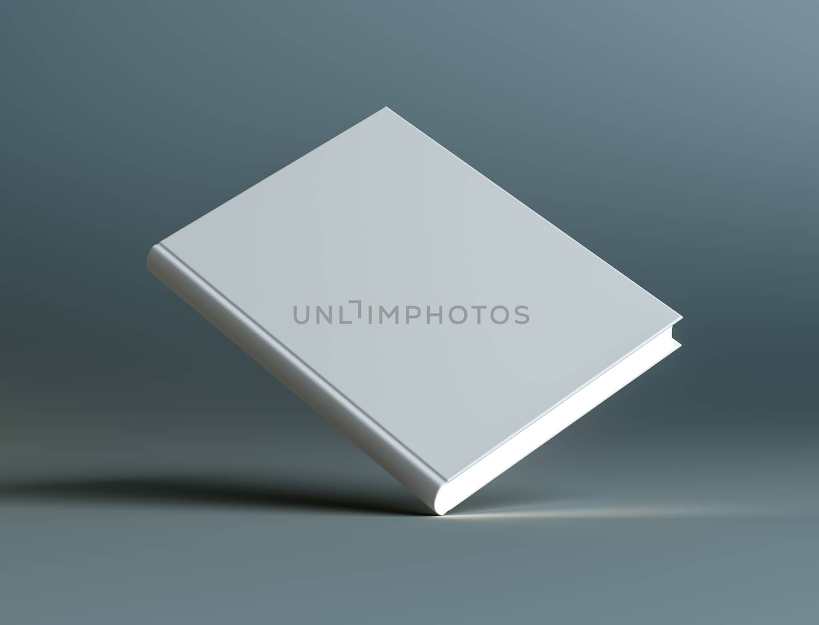 A closed white empty book stands on the corner. The pages are glowing. The concept of learning or advertising of the publication. Dark background. 3d illustration