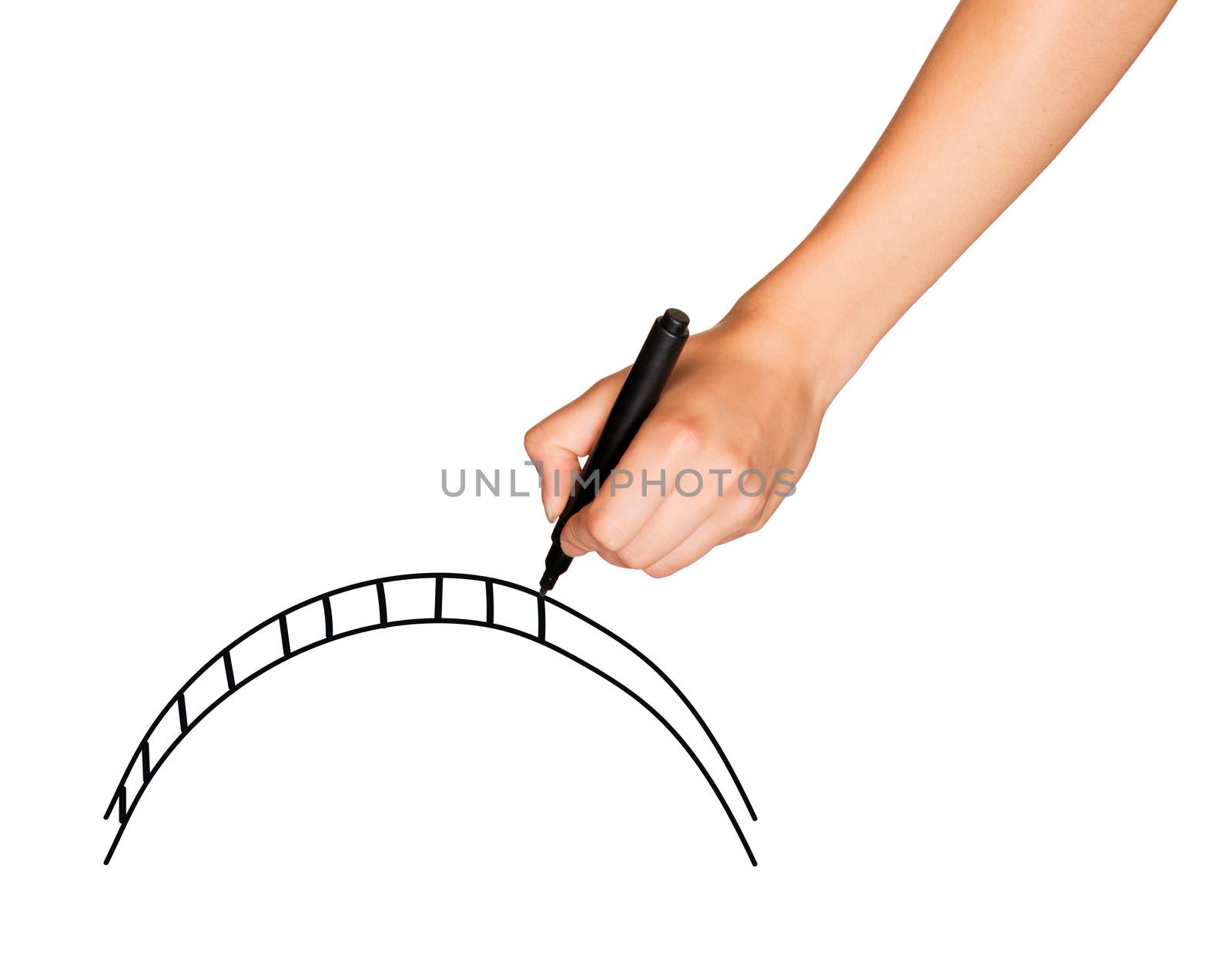 A female hand holds black marker and draws bridge by cherezoff