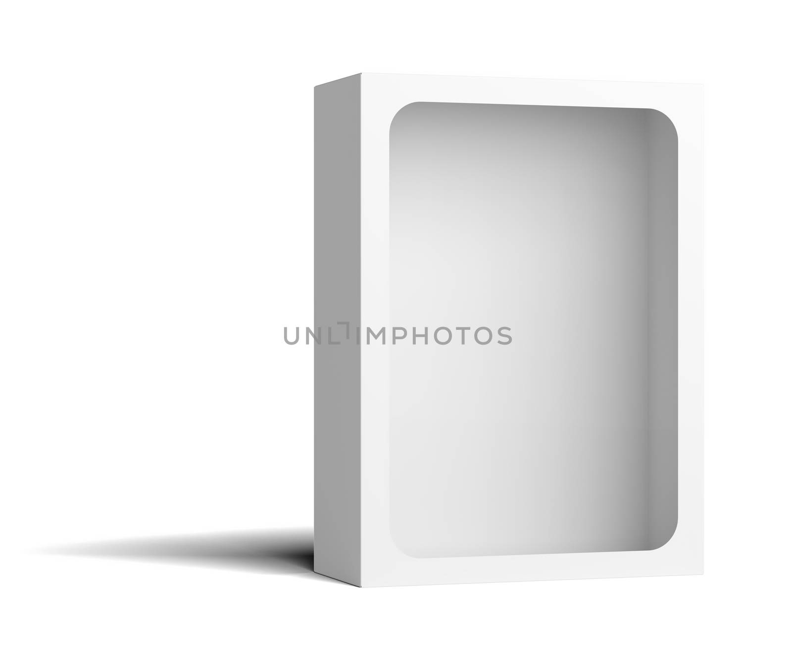 White empty packing cardboard box with a cutout in the middle. Isolated on white background. 3D illustration