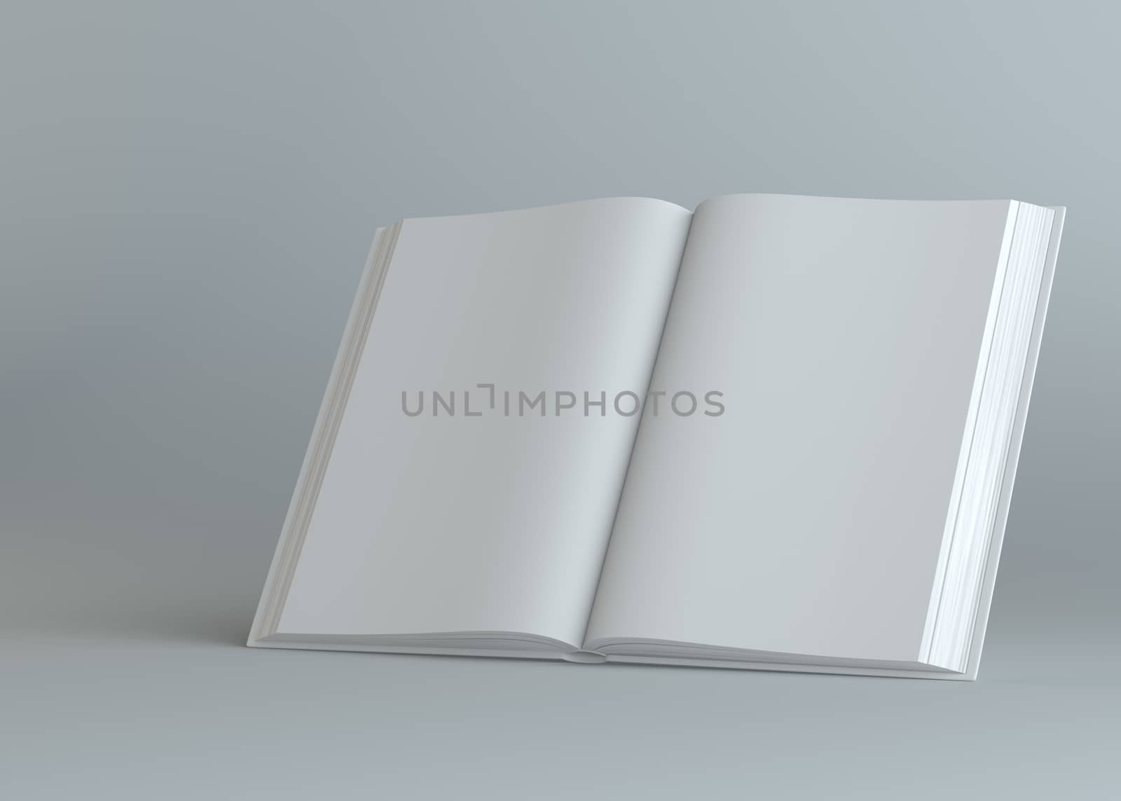 White empty open book on gray background. Template for your content. 3d illustration