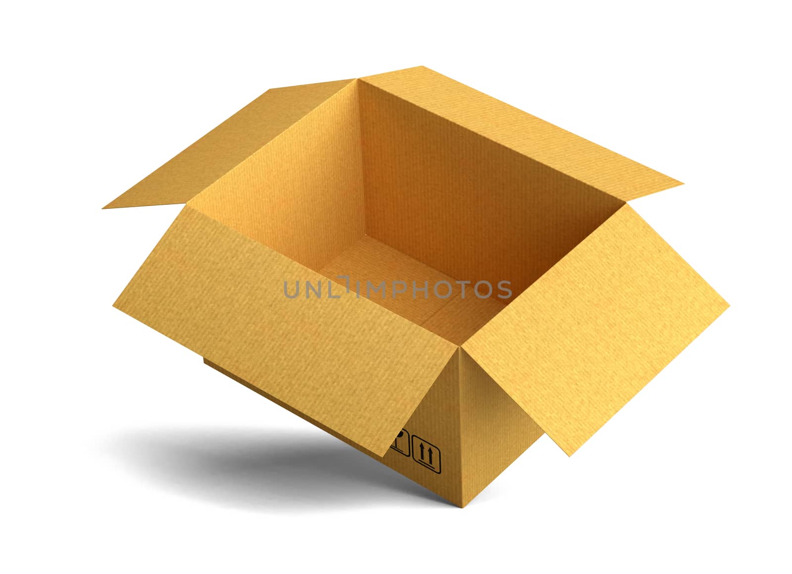 The open empty packing carton box stands on the corner. Isolated on white background. 3D illustration