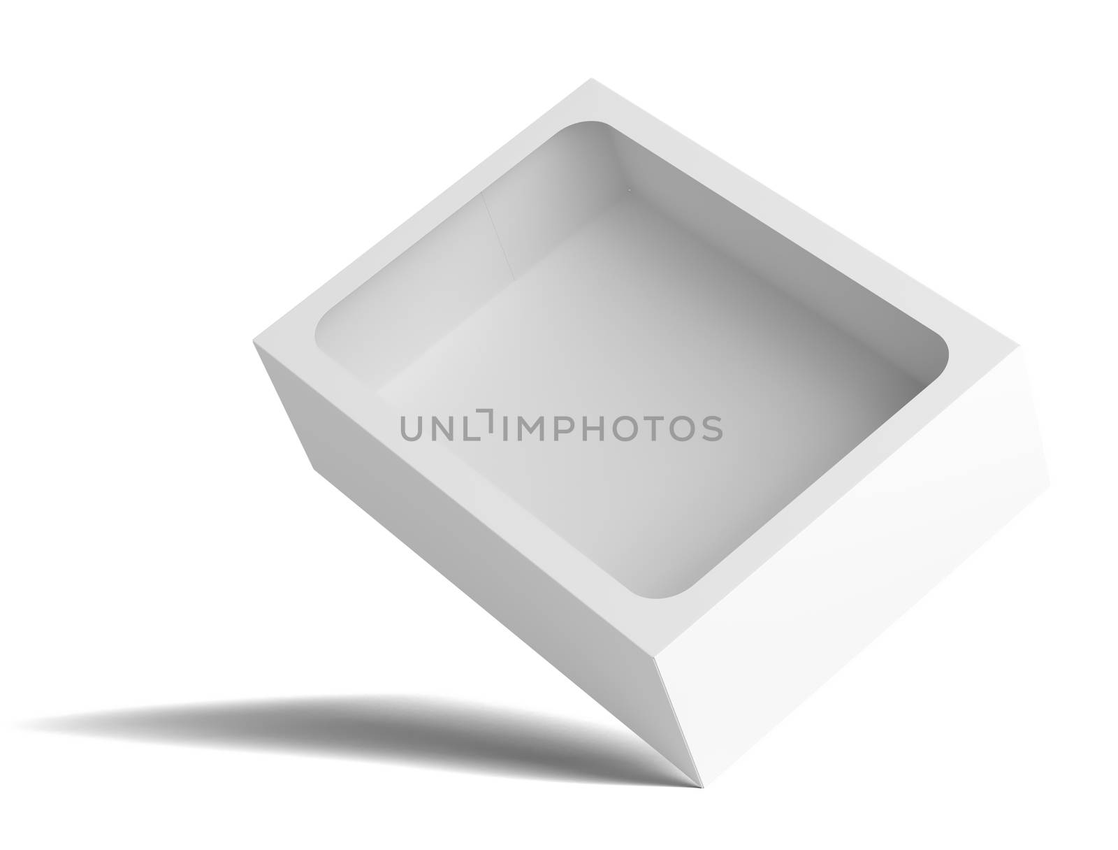 White empty packing cardboard box. In the box cutout in the middle. The box stands on the corner. Isolated on white background. 3D illustration