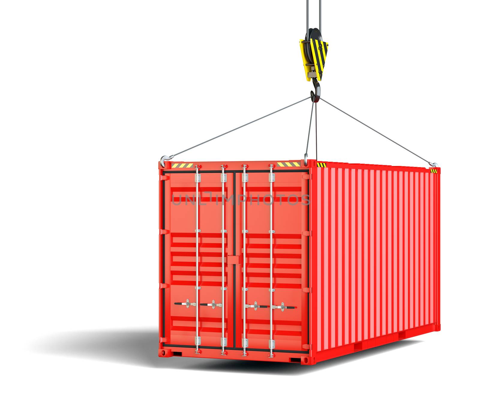 A shipping container hangs on the lifting hook by cherezoff