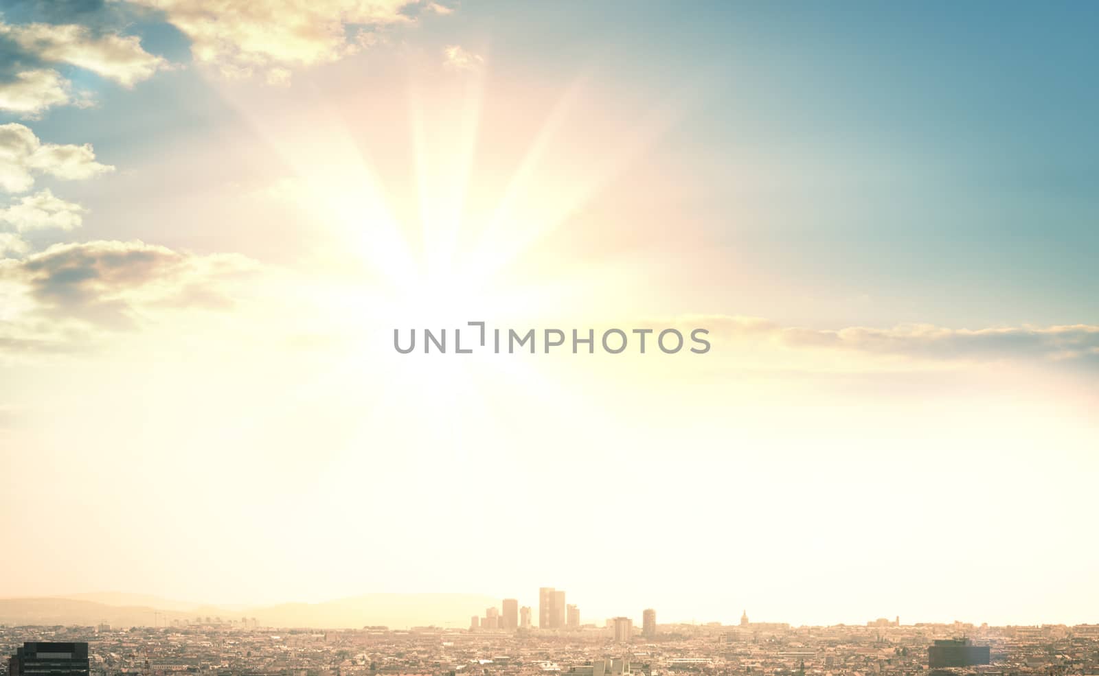 A beautiful sunrise over a big city by cherezoff