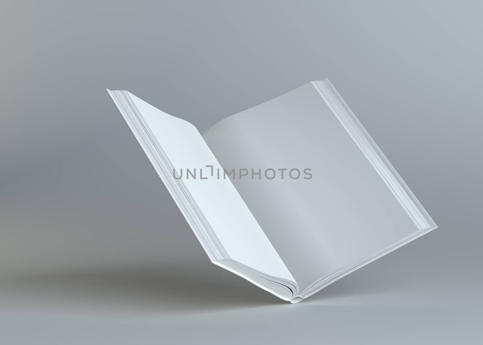 White empty open book on gray background. Template for your content. 3d illustration