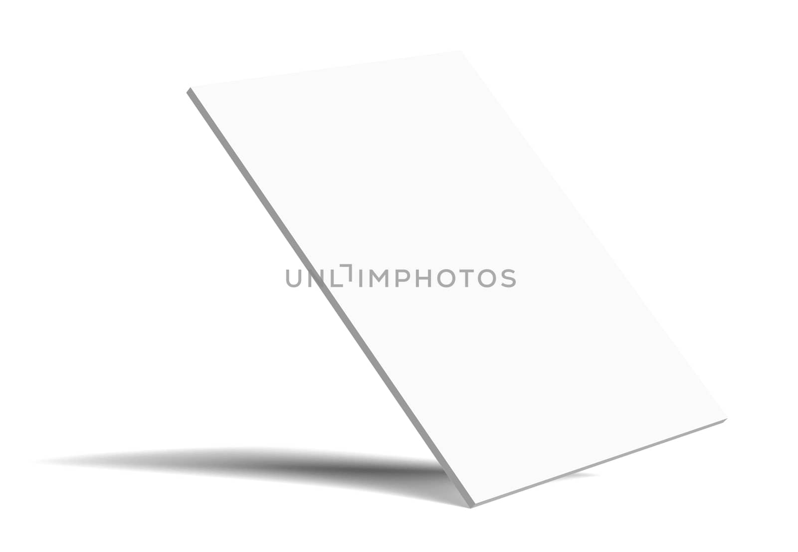 A blank white cardboard card stands on a corner on a white background. A beautiful long shadow. Template for advertising. 3d illustration