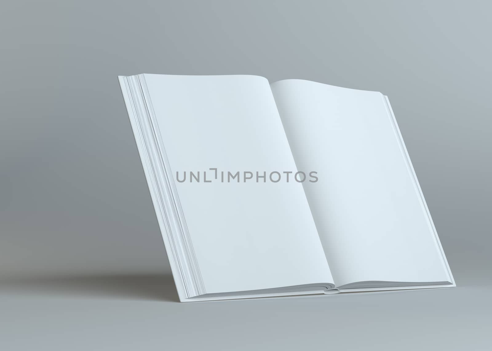 White empty open book on gray background. Template for your content. 3d illustration