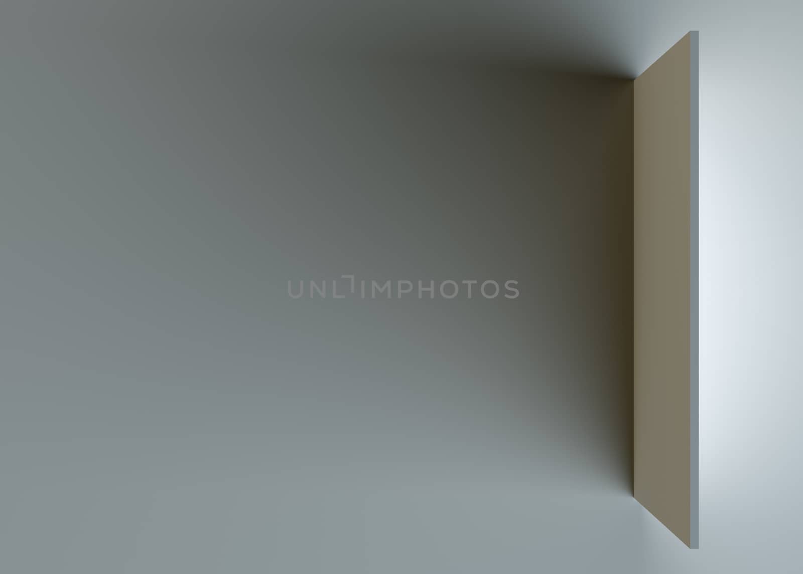 Wall in gray room. Dark side. Top view. 3D rendering