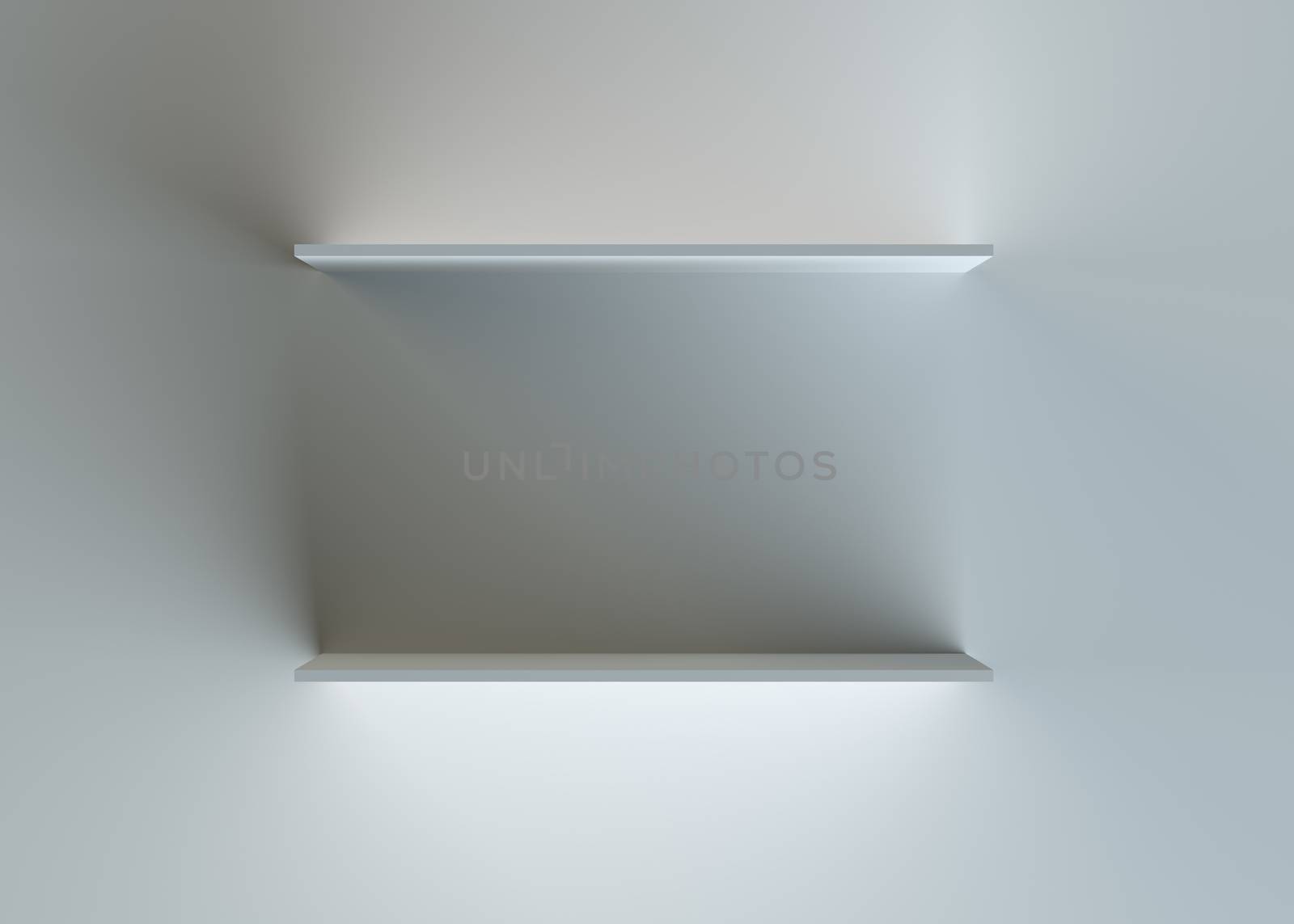 Two empty advertising shelves on dark background. 3d rendering