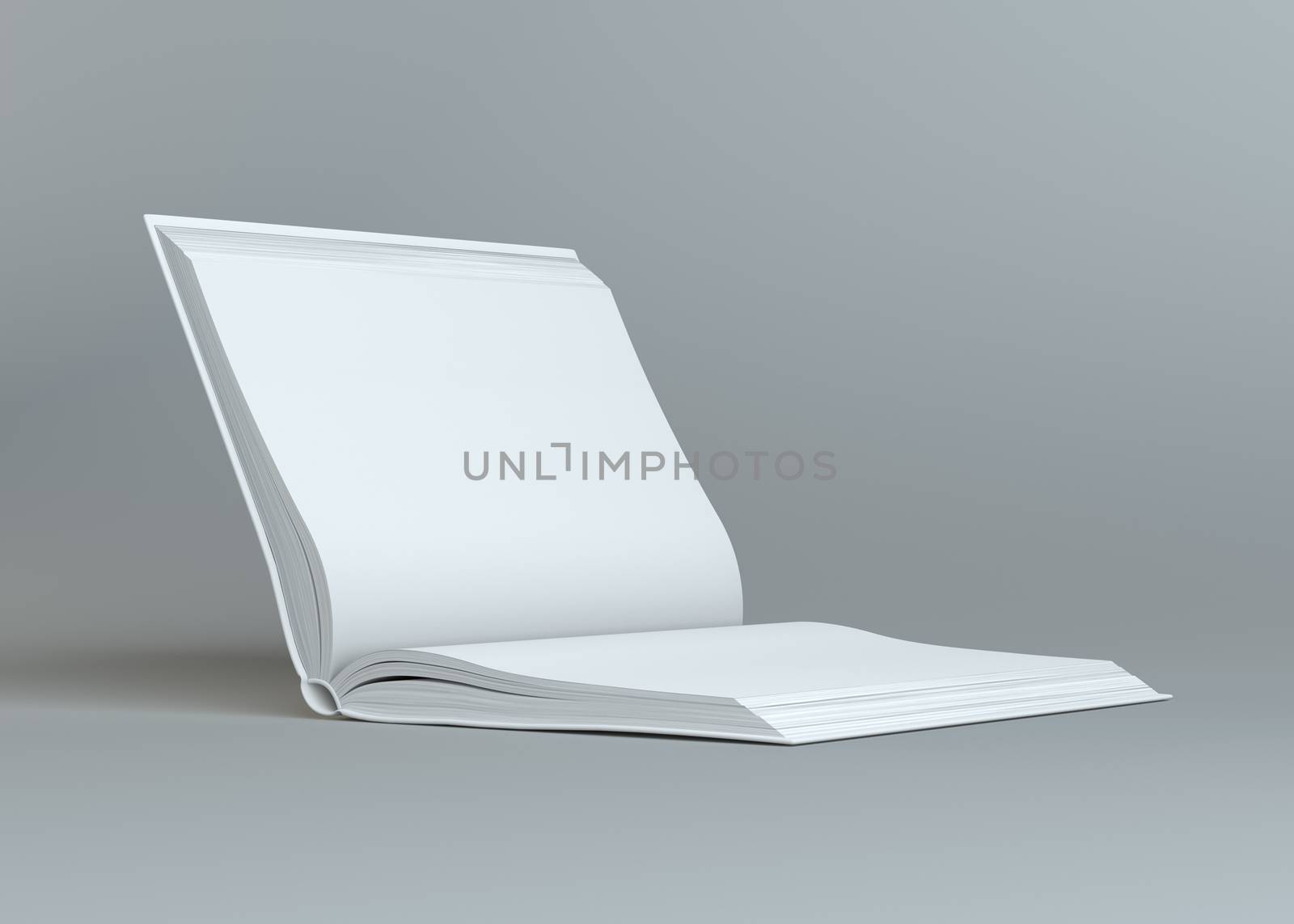 White empty open book on gray background. Template for your content. 3d illustration