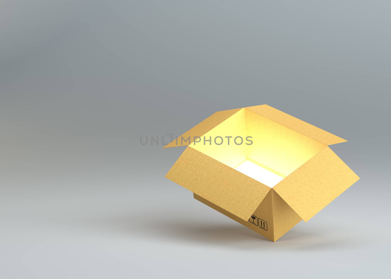 Open cardboard box with glow inside. 3D illustration. Gray background