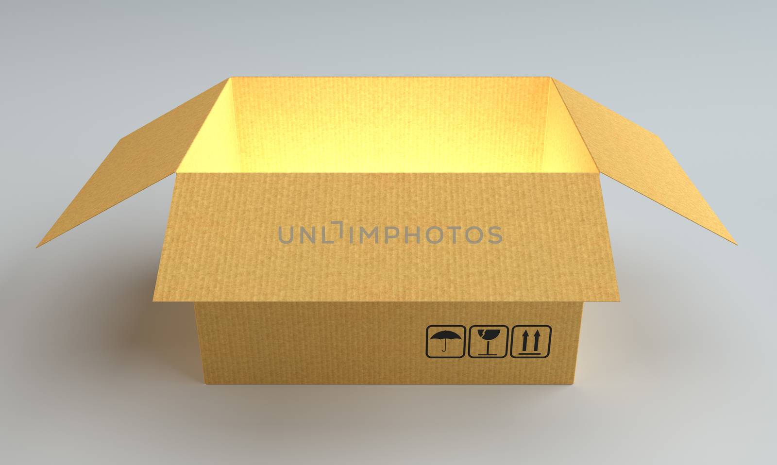 Open cardboard box with glow inside. 3D illustration. Gray background